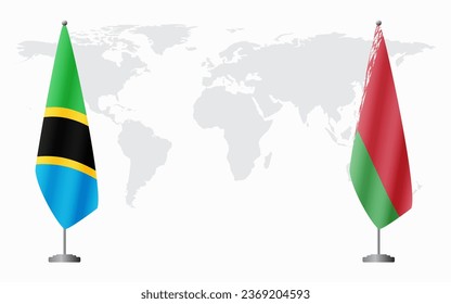Tanzania and Belarusian flags for official meeting against background of world map.