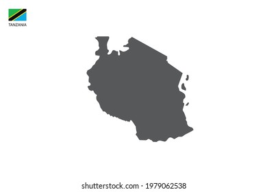 Mapa de la sombra negra de Tanzania aislado en fondo blanco con la bandera del icono de Tanzania en la esquina izquierda.