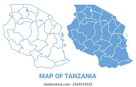 Tanzania Blue map flat regions border outline vector illustration