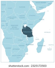 Tanzania - blue map with neighboring countries and names. Vector illustration