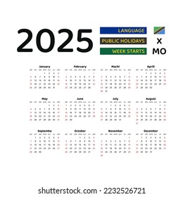 Tanzania Calendar 2025. Week starts from Monday. Vector graphic design. Swahili language.