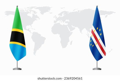 Tanzania and Cape Verde flags for official meeting against background of world map.