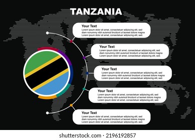 Tanzania circle infographic with information text spaces, black background with world map, Tanzania circle country flag, presentation graphic idea, info and data template for countries