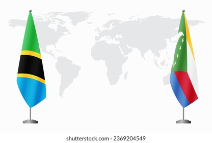 Tanzania and Comoros flags for official meeting against background of world map.