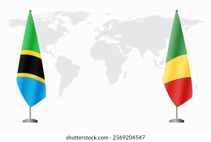 Tanzania and Congo Brazzaville flags for official meeting against background of world map.