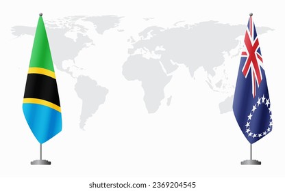 Tanzania and Cook Islands flags for official meeting against background of world map.