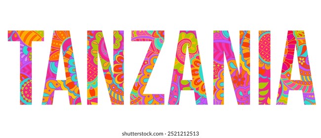 Tanzania country creative text design filled with colorful doodle pattern	