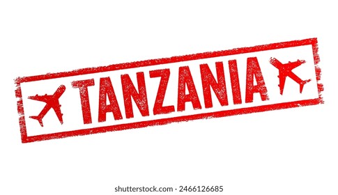 Tanzania is a country in East Africa within the African Great Lakes region, text emblem stamp with airplane