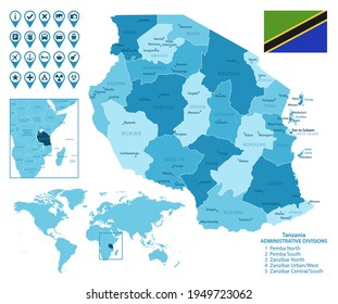 Tanzania detailed administrative blue map with country flag and location on the world map.