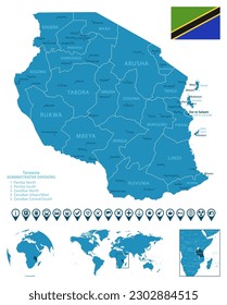 Tanzania - detailed blue country map with cities, regions, location on world map and globe. Infographic icons. Vector illustration