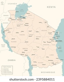 Tanzania - detailed map with administrative divisions country. Vector illustration