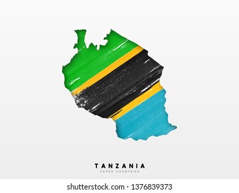 Tanzania detailed map with flag of country. Painted in watercolor paint colors in the national flag.