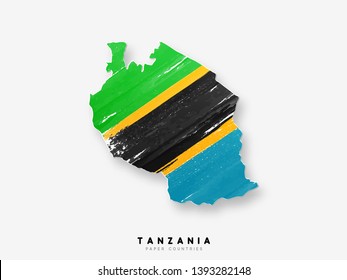 Tanzania detailed map with flag of country. Painted in watercolor paint colors in the national flag.