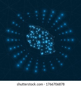 Tanzania digital map. Glowing rays radiating from the country. Network connections and telecommunication design. Vector illustration.
