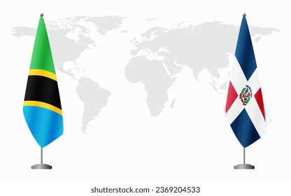 Tanzania and Dominican flags for official meeting against background of world map.