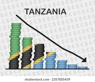 Tanzania economic collapse, decreasing values with coins, crisis and downgrade concept, Tanzania flag with changes, falling arrow, news banner idea, fail and decrease, financial decline