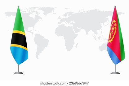 Tanzania and Eritrea flags for official meeting against background of world map.