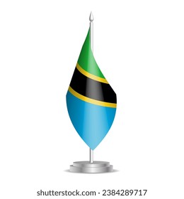 Bandera de Tanzania - mini bandera 3D colgada en el asta de escritorio. Se puede utilizar para la presentación en la cumbre o en la conferencia. Ilustración vectorial con sombreado.