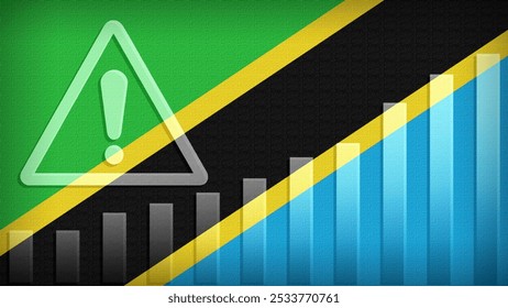 Tanzania flag with burlap texture, warning sign, and rising bar chart symbolizing increasing risk or growth challenges in the country. Ideal for data presentations.