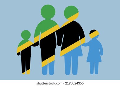 Tanzania flag with family concept, vector element, parent and kids holding hands, immigrant idea, happy family with Tanzania flag, flat design asset