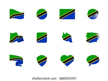 Tanzania flag - flat collection. Flags of different shaped twelve flat icons. Vector illustration set