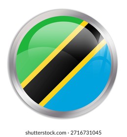 Tanzania flag - glossy circle button in metal frame displays a colorful flag of a country cultural identity and heritage. The essence of national pride and unity.