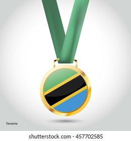 Tanzania Flag in gold Medal. Vector Illustration. RIO Olympic Game gold Medal. Vector Illustration