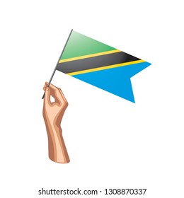 Tanzania flag and hand on white background. Vector illustration