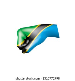 Tanzania flag and hand on white background. Vector illustration
