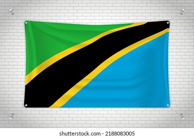 Bandera de Tanzania colgando en la pared de ladrillo. Dibujo 3D. Bandera pegada a la pared. Dibujar cuidadosamente en grupos en capas separadas para facilitar la edición.