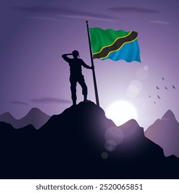 Tanzania Flag hoisted on a mountain peak with a purplish sunset in the background, vector illustration