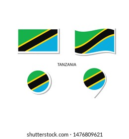 Tanzania flag logo icon set, rectangle flat icons, circular shape, marker with flags.