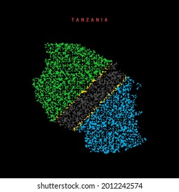 Tanzania flag map, chaotic particles pattern in the colors of the Tanzanian flag. Vector illustration isolated on black background.