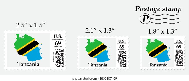 Mapa de la bandera de Tanzania en el sello postal de diferente tamaño.