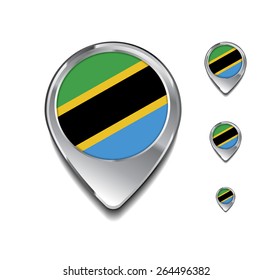 Tanzania flag map pointer. 3d Map Pointer with flag glossy button style on gray background