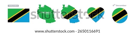 tanzania flag and map set. tanzania flag in official colors and proportions. independence day 9 december , map, circle and heart shaped tanzania