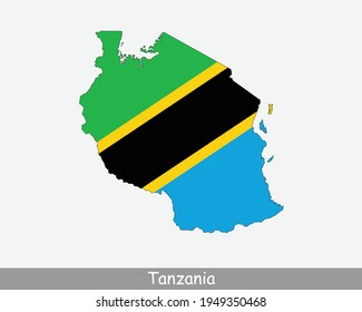 Tanzania Flag Map. Map of the United Republic of Tanzania with the Tanzanian national flag isolated on a white background. Vector Illustration.