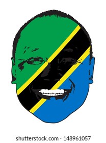 A Tanzania flag on a face, isolated against white. 