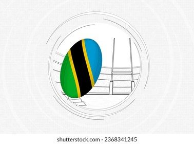 Tanzania flag on rugby ball, lined circle rugby icon with ball in a crowded stadium. Vector sport emblem on abstract background.