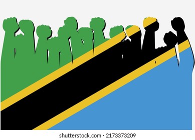 Tansania-Flagge mit erhöhter Protesthand, Vektorgrafik, Logo der Flagge eines Landes, Tansania-Protestkonzept, flaches Design gegen Idee