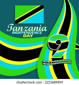 Tanzania flag with ribbons, bold text and number on dark turquoise background to commemorate Tanzania Independence Day on December 9