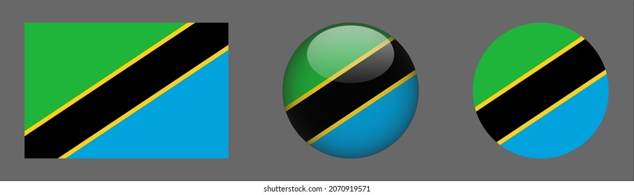 Tanzania flag set collection, button rounded, flat rounded.