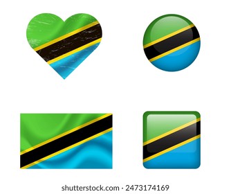 Tanzania flag set of icons. Vector flag of Tanzania, symbol. Set of Tanzania flags button, waved, heart.