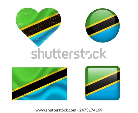 Tanzania flag set of icons. Vector flag of Tanzania, symbol. Set of Tanzania flags button, waved, heart.