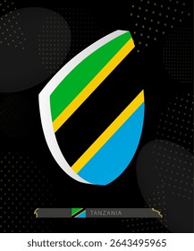 Tanzania Flag Shield icon in 3D on Dark Modern Abstract Rugby Background. Perfect for sports events, heritage themes, national celebrations, and patriotic designs.