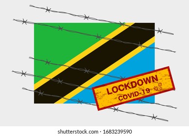 Bandera de Tanzania con seguridad de advertencia de bloqueo de señalización debido a la crisis del coronavirus covid-19 diseño de la enfermedad con el vector de aislamiento con cable