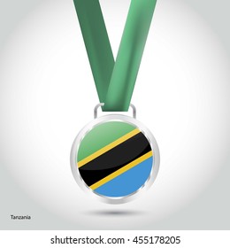 Tanzania Flag in Silver Medal. Vector Illustration. RIO Olympic Game silver Medal. Vector Illustration