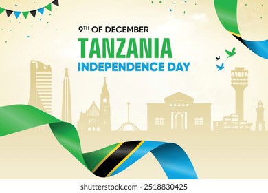 Tanzania Flag Waving On Skyline Background. Independence Day Concept Design Vector Illustration.