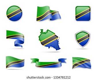 Tanzania flags collection. Flags and outline of the country vector illustration set