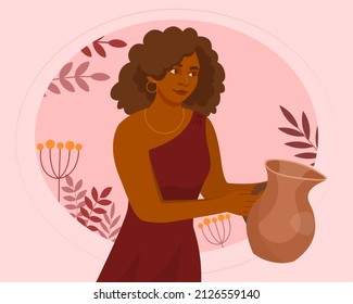 Tanzania girl with jug. African woman fills jug, traditions, ethnic person. Character in jewels fills vessel with liquid. Poster or banner, graphic element for site. Cartoon flat vector illustration